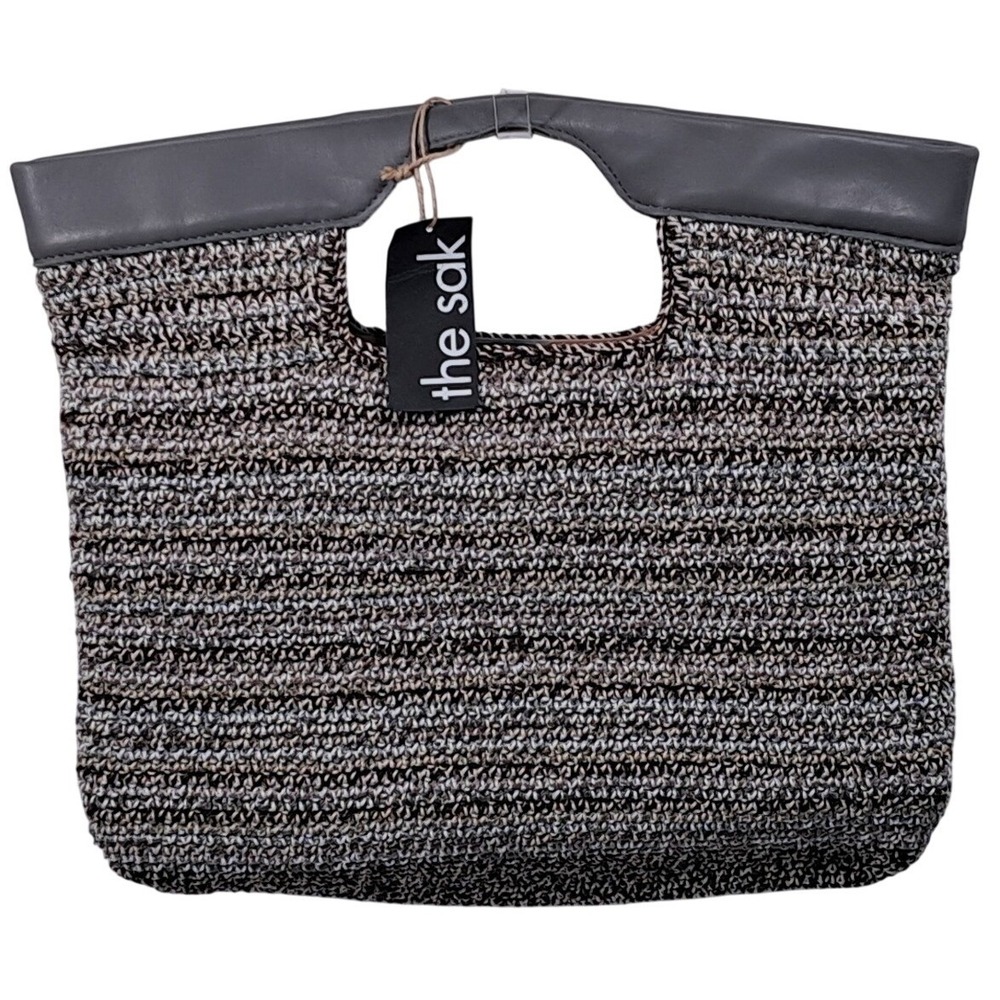 The Sak Marina Crochet Terra Stripe Tote Bag 109461 Grey Brown Hand Crocheted